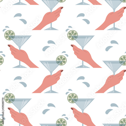 Female hand holds martini glass with a lime. Alcoholic drinks wallpaper. Vector seamless pattern with beverage.