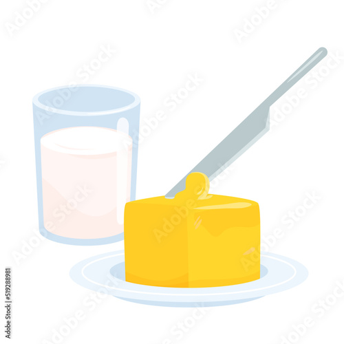 Butter on plate and milk glass, dairy food products with calcium and vitamins vector illustration. Cartoon isolated knife making butter curl for sandwich with bread, breakfast organic tasty snack