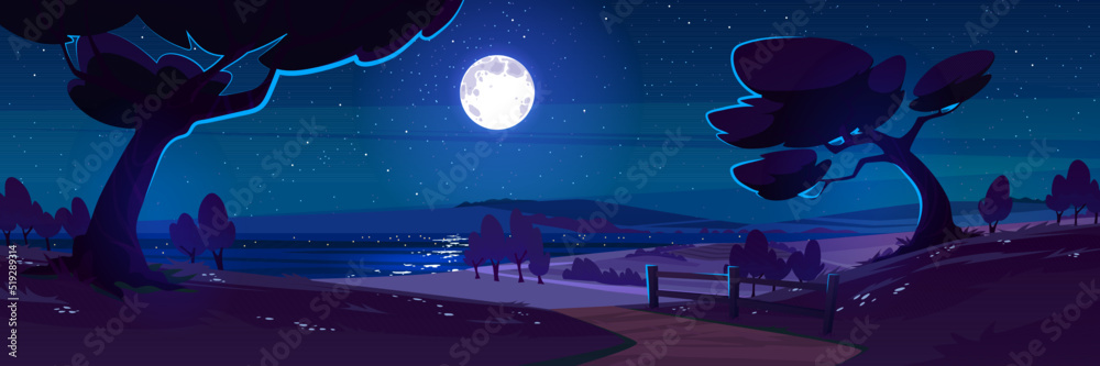 Night Nature Landscape With Forest Trees Road Lake And Field Under night-nature-landscape-with-forest-trees-road-lake-and-field-under