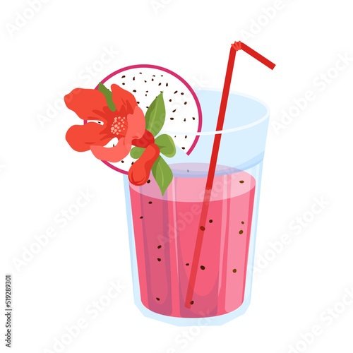 Dragon fruit juice, sweet smoothie or cocktail vector illustration. Cartoon isolated glass with pink fresh healthy summer beverage and plastic straw, red tropical flower and pitaya fruit slice