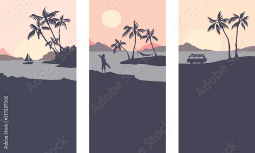Abstract tropical landscape. Three vector illustrations. Sunset in a bay with palm trees.