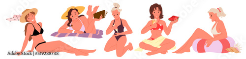 Girls in swimsuit sunbathing on summer beach set vector illustration. Cartoon isolated young woman reading book, drinking cocktail and eating watermelon, lady lying on towel and sitting on sand