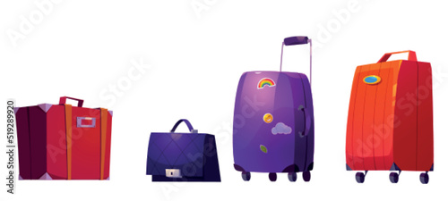 Suitcases, travel luggage, baggage and bags. Various modern or vintage accessories for tourist, holidays and vacation, female handbag or briefcase, isolated Cartoon vector illustration, icons set