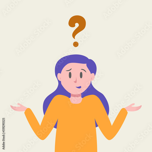 Thinking woman have a question cartoon style. Cut businesswoman thinks about problem concept. Confused young girl illustration. Smart woman thought about. Vector 10 eps