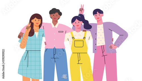 Friends are standing together and posing happily. flat design style vector illustration.