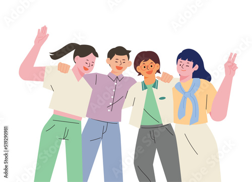 Friends are shoulder-to-shoulder, V poses, and happy expressions. flat design style vector illustration. © MINIWIDE