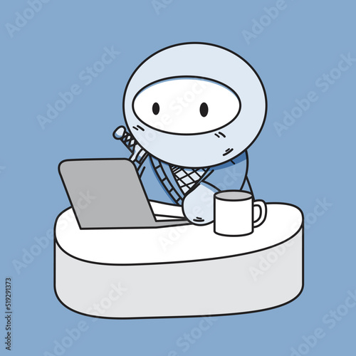 Ninja cartoon character with laptop vector art