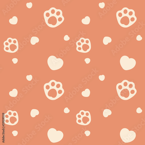 Seamless pattern with hearts and Imprint paws. Vector romantic background surface design for textile, stationery, wrapping paper, covers.