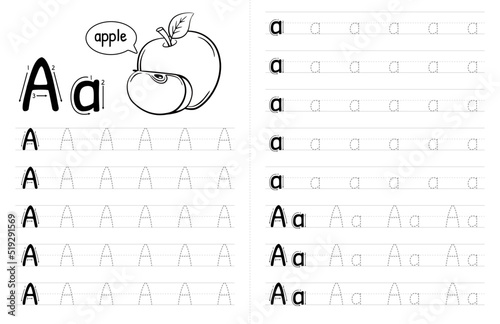 ABC Alphabets Tracing Book Interior For Kids. Children Writing Worksheet With Picture. Premium Vector Elements Letter A.
