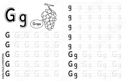 ABC Alphabets Tracing Book Interior For Kids. Children Writing Worksheet With Picture. Premium Vector Elements Letter G.