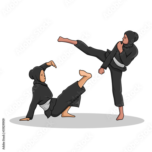 two women practicing self-defense, traditional silat, vector illustration