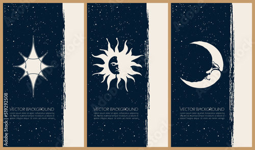 Set of celestial mysterious vector illustrations for stories templates, mobile app, landing page, web design, posters. Occult magic background for astrology, divination, tarot concept. Sun, moon, star