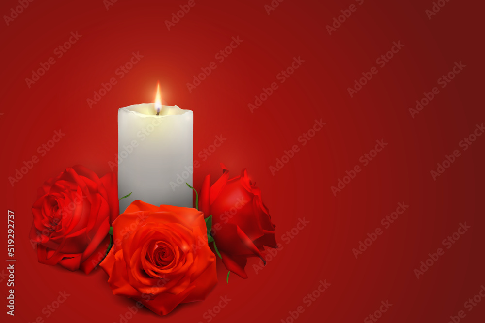 Realistic candle and rosebuds on a red background. Vector illustration