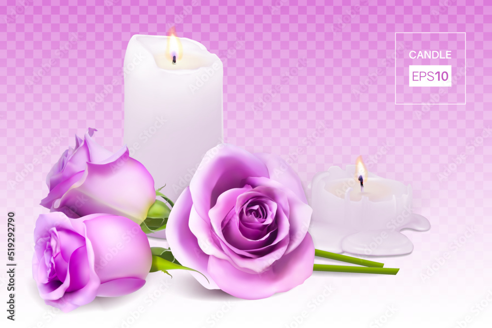 Realistic candle and rosebuds on a transparent background. Vector illustration