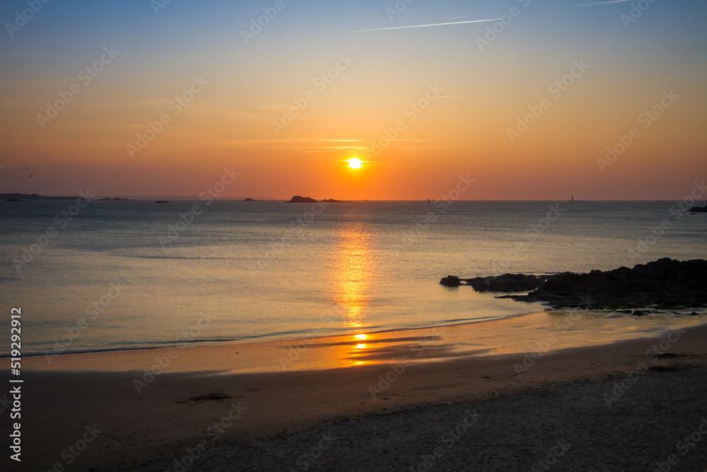 Saint-Malo beach and seascape at sunset, Brittany, France