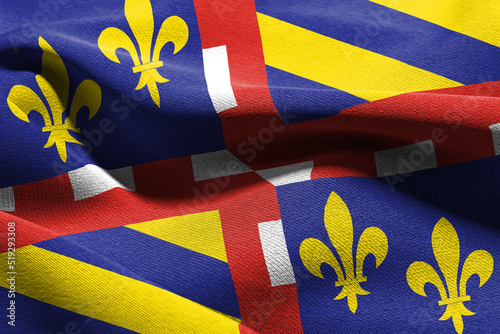 3D illustration flag of Burgundy is a region of France. Waving on the wind