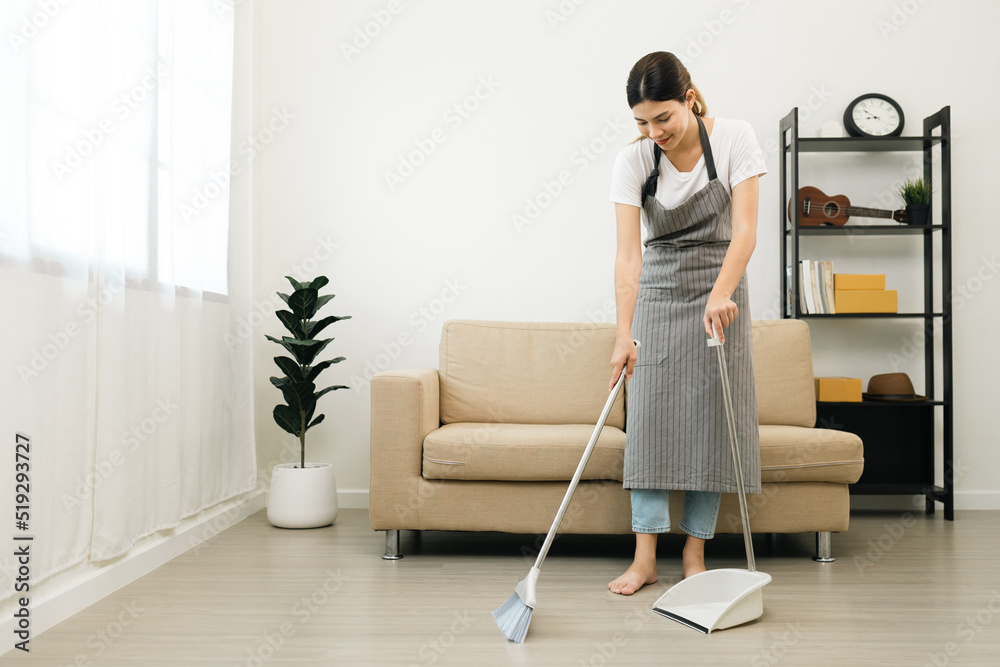 Housewife using broom and dustpan wearing an apron to clean the living room at apartment. Young woman is happy to clean home. Maid cleaning service. Housewife using broom and dustpan wearing an apron to clean the living room at apartment. Young woman is happy to clean home. Maid cleaning service.