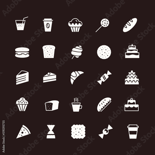 vector hand draw icons set of bakery flat style isolated on background with cake and dessert for confectionery store, bakery shop, logo, cafe, restaurant, sweet pattern, packaging paper 10 eps