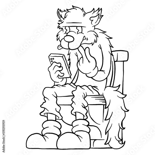 Coloring illustration of cartoon wolf sitting on the toilet