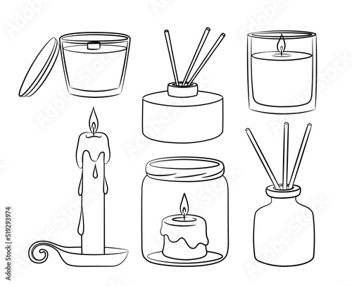 A set of wax candles in a glass holder. Sketch of candles in different formats in doodle style. Accessories for the interior of a cozy home. Isolated vector illustration.