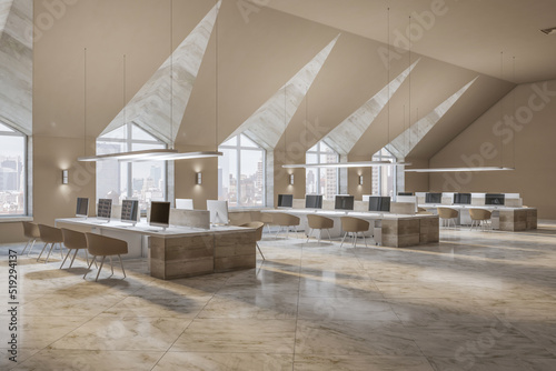 Light spacious wooden and concrete coworking office interior with windows and city view  furniture and equipment. Workplace concept. 3D Rendering.