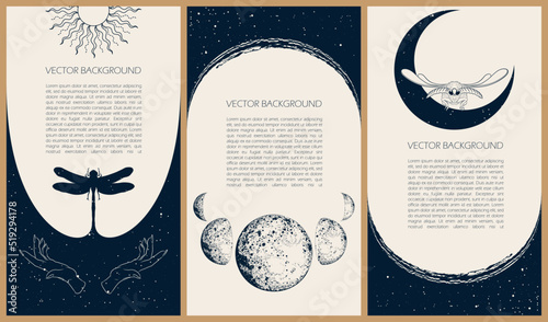 illustrations for stories templates, mobile app, landing page, web design, posters. Occult magic background for astrology, divination, tarot concept. Sun, moon, star
