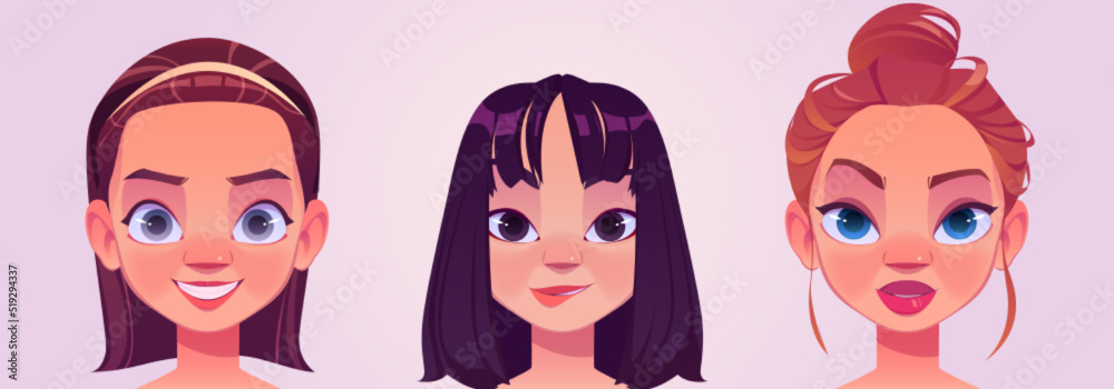 Girl avatars, young female characters faces, caucasian and asian women with brown, black and ginger hair, pretty portraits for social networks or user profiles in internet, Cartoon vector illustration Girl avatars, young female characters faces, caucasian and asian women with brown, black and ginger hair, pretty portraits for social networks or user profiles in internet, Cartoon vector illustration