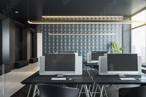 Clean concrete and wooden coworking office interior with window and city view, furniture and equipment. 3D Rendering.