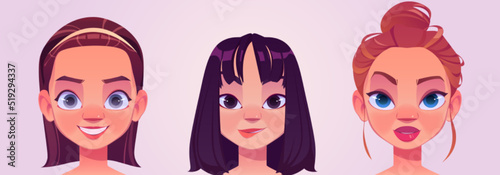 Girl avatars, young female characters faces, caucasian and asian women with brown, black and ginger hair, pretty portraits for social networks or user profiles in internet, Cartoon vector illustration photo