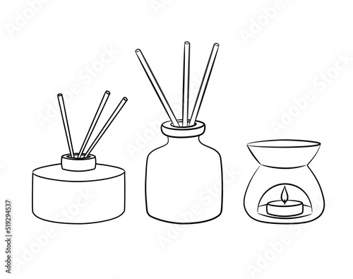 A set of items for aroma in the house. Choice of interior accessories. Scented candles, diffuser, aroma lamp. Isolated vector illustration in line style.