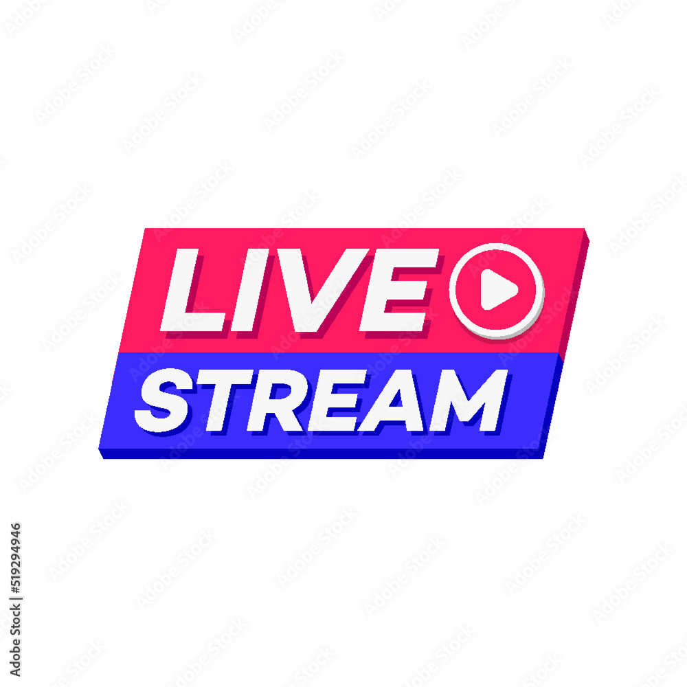 LIVE stream icon 3d bold style with play button isolated on background for blog, player, broadcast, website. online radio, media labels. Live stream banner. Vector 10 eps