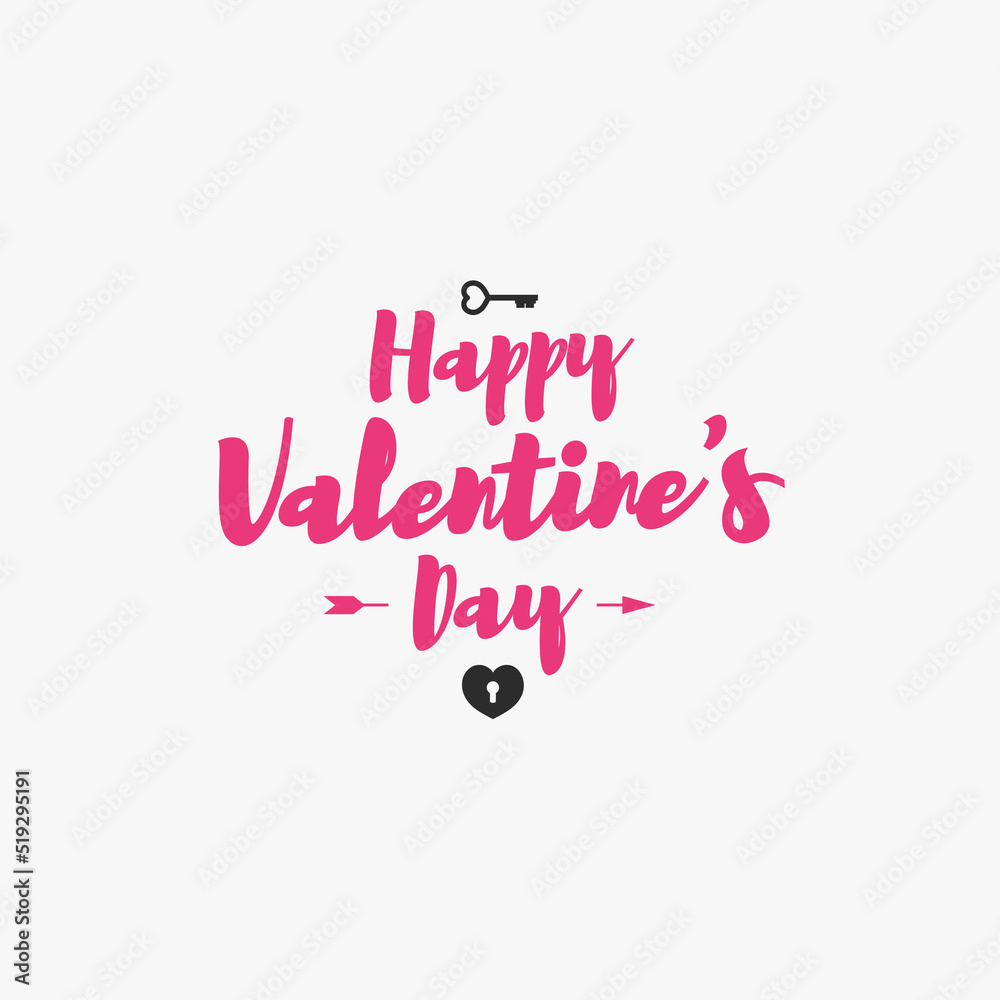 Valentines day emblem with symbol heart and key isolated on white background for use greeting card, label, tag, decoration, stamp, poster, romantic quote, sale banner. Vector Illustration