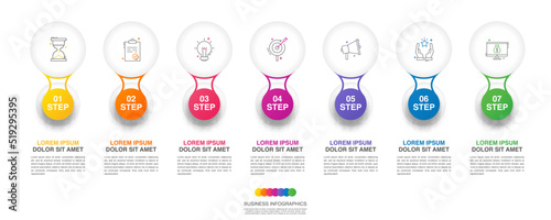 Modern 3D vector illustration. Circular infographic template with seven elements. Contains icons and text. Designed for business, presentations, web design, 7-step diagrams.