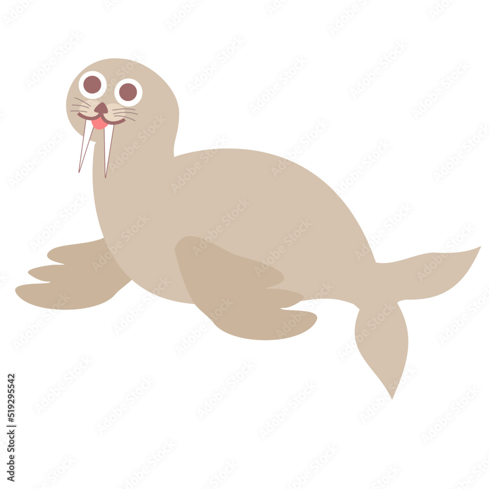 A cute walrus.Animal or wildlife concept.Baby, kids and childish.Sign, symbol, icon or logo isolated.Flat design.Banner for card.Clipart. Cartoon vector illustration.Hand drawn graphic.