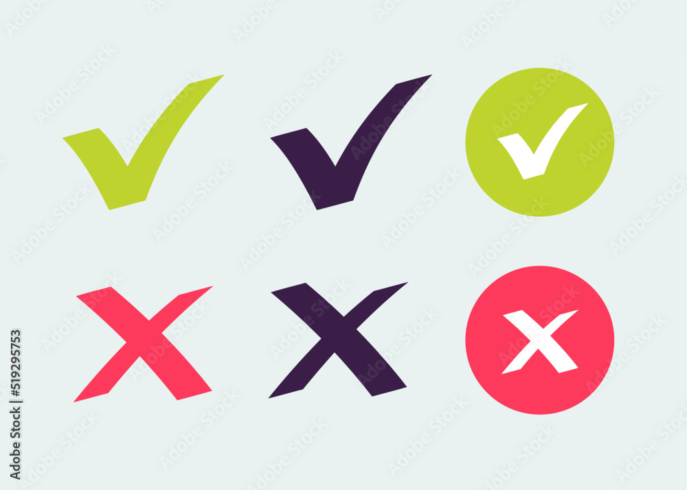 Checkmark OK and X vector icons set isolated on background. Symbols YES and NO for decision making, vote, mobile app, web site. Right and wrong check mark sign 10 eps Checkmark OK and X vector icons set isolated on background. Symbols YES and NO for decision making, vote, mobile app, web site. Right and wrong check mark sign 10 eps