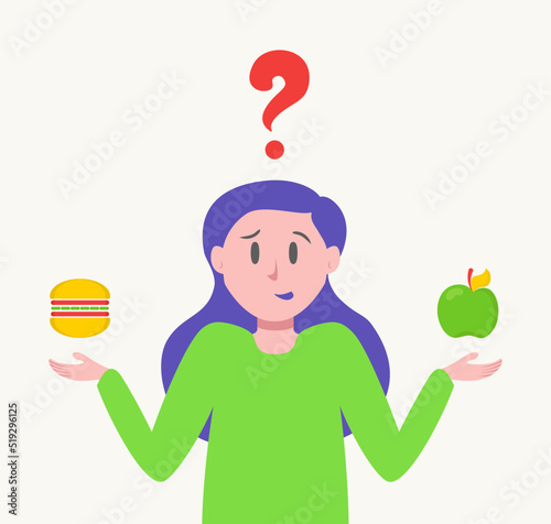Women choice between healthy and junk food. Fastfood concept. Healthy lifestyle. Cut girl of choice between useful and useless food cartoon style. Vector 10 eps
