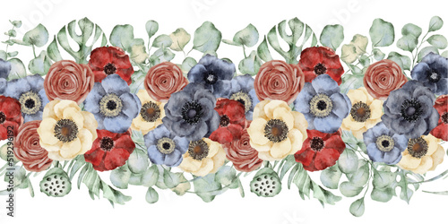 Watercolor seamless border with anemone flowers, eucalyptus and monstera leaves Fototapet