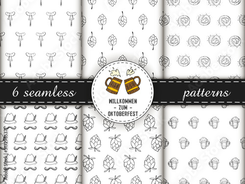 Set of seamless patterns. Oktoberfest 2022 - Beer Festival. Hand-drawn Doodle elements. Outline patterns with a round logo, beer mugs and text. The inscription in German - welcome to Oktoberfest.
