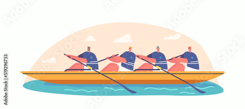 Four Athletes Swim On Boat. Concept Of Rowing Competition, People Enjoy Active Water Sports Game, Extreme Activity