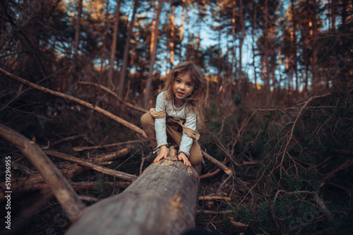 Autumn portrait of happy little girl balancing on tree trunk outdoors in forest, looking at camera.