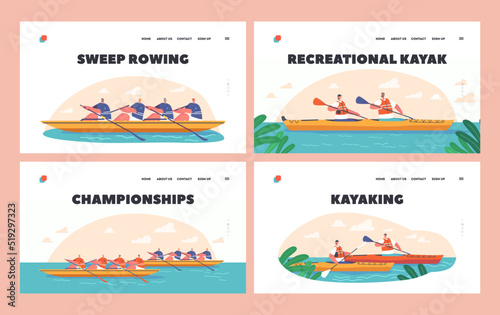 Kayaking Canoeing or Rafting Sport and Leisure Landing Page Template Set. Sportsmen Rowing in Kayaks, Extreme Activity