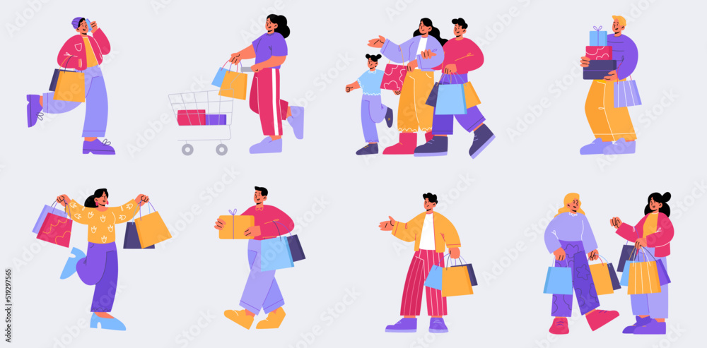 Customers characters purchasing in market store. People in shopping mall or boutique, visitors with trolley and paper bags buying in shop. Men, women and kids with purchases, Line art flat vector set