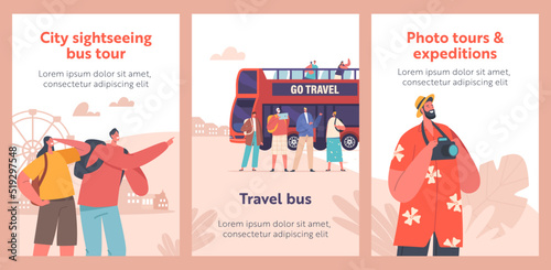 Travel And Tourism Banners. City Bus Tour In Double Decker, Tourists Group On Excursion. Characters Visiting Sightseeing