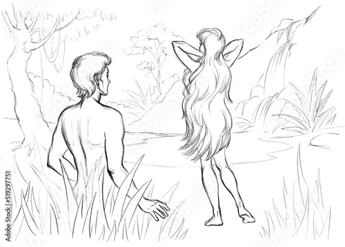 Adam saw Eve. Pencil drawing