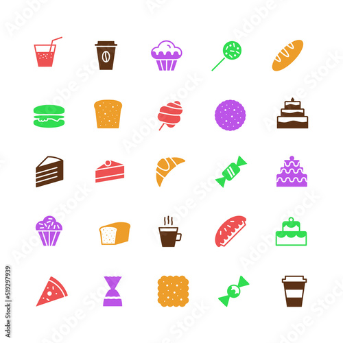 vector bakery icons set simple flat color style isolated on background with cake and dessert for logo, confectionery store, bakery shop, cafe, restaurant, sweet pattern, packaging paper 10 eps