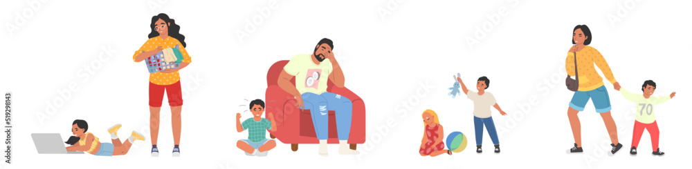 Tired parent and capricious naughty children set Tired parent and capricious naughty children set