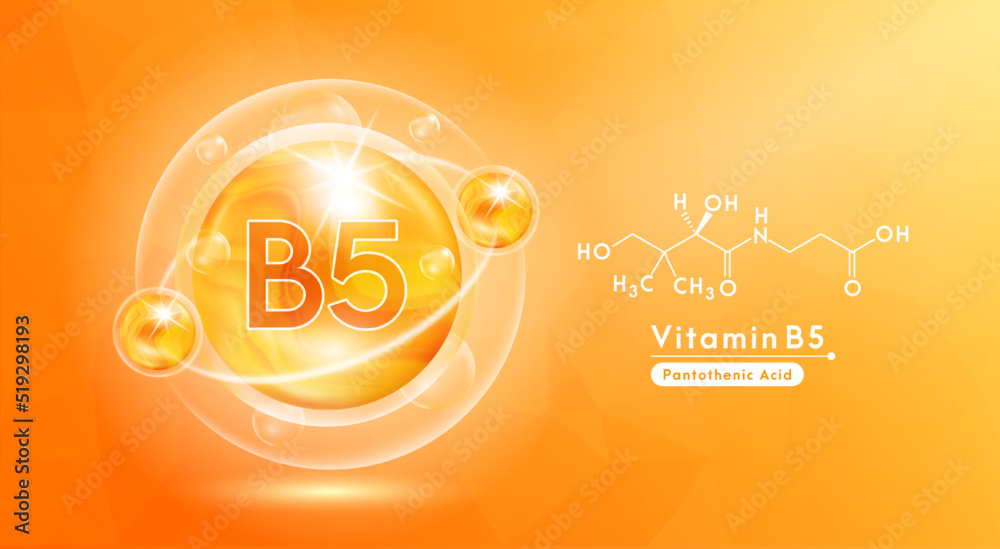 Vitamin B5 orange and structure. Pill vitamins complex and bubble collagen serum chemical