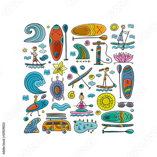 SUP boarding art frame. Stand up paddling background for your design. People on paddle boards and equipment