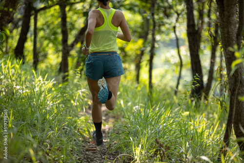 Fitness woman trail runner running in summer forest trail © lzf