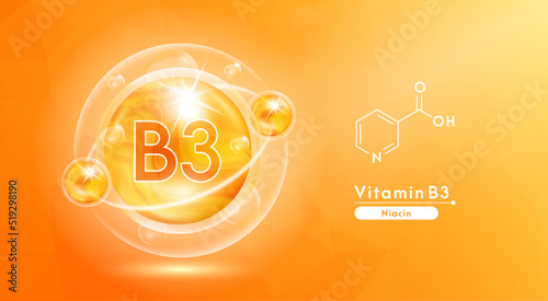 Vitamin B3 orange and structure. Pill vitamins complex and bubble collagen serum chemical formula. Beauty treatment nutrition skin care design. Medical and scientific concepts. 3D Vector EPS10.